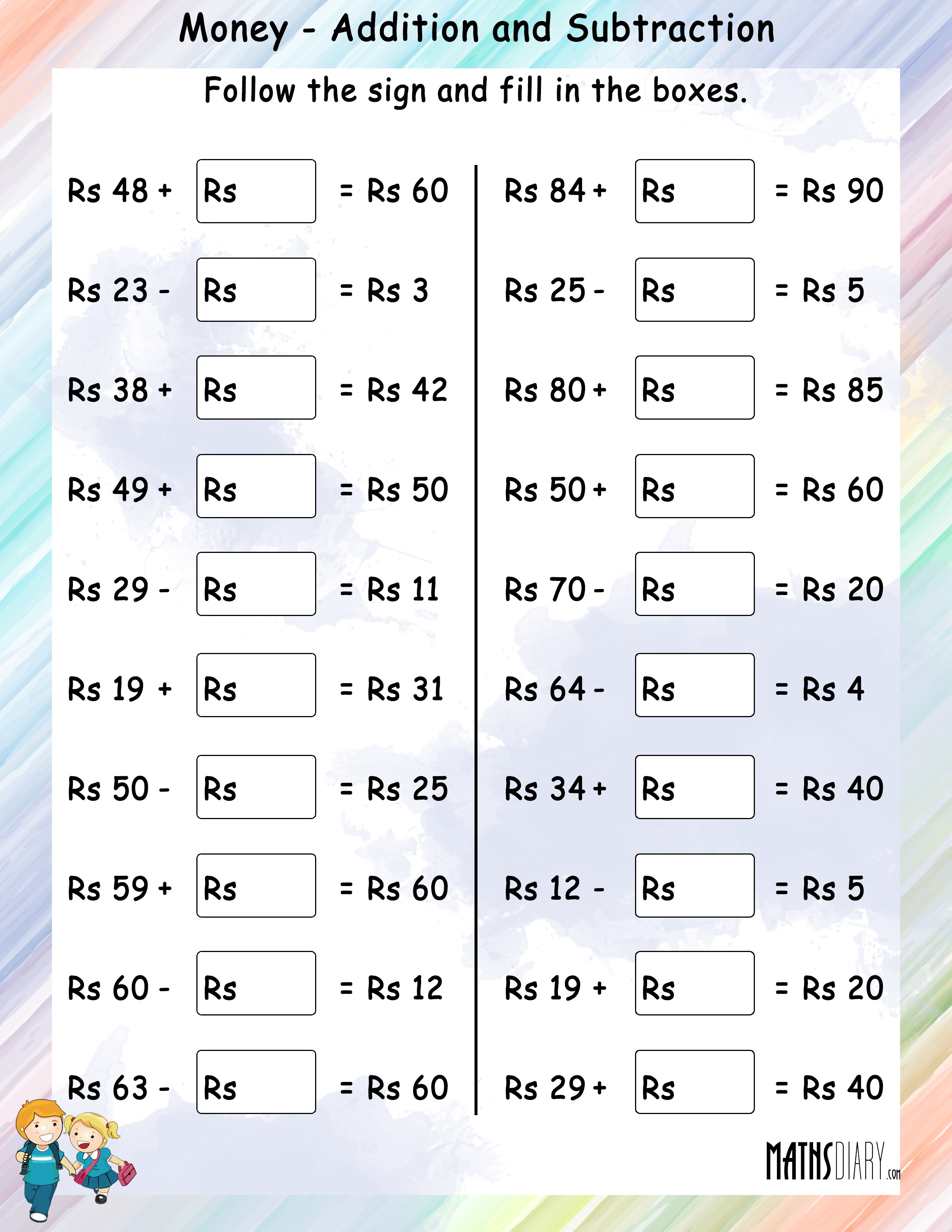Money Addition And Money Subtraction Math Worksheets MathsDiary