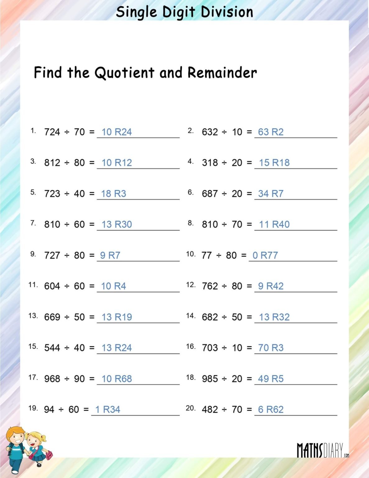 Single Digit Division Worksheets Math Worksheets Mathsdiary