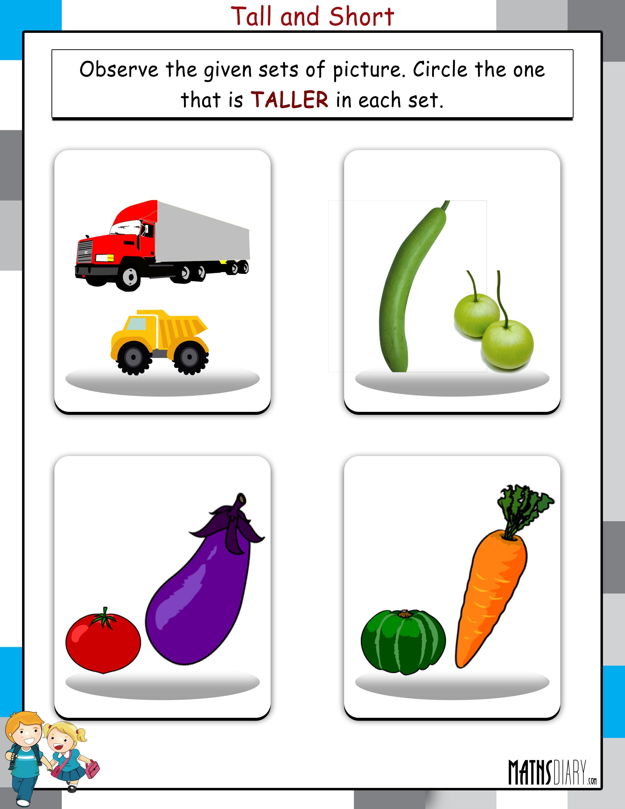 Free printable math tall and short worksheets, Here some objects are given  and k…