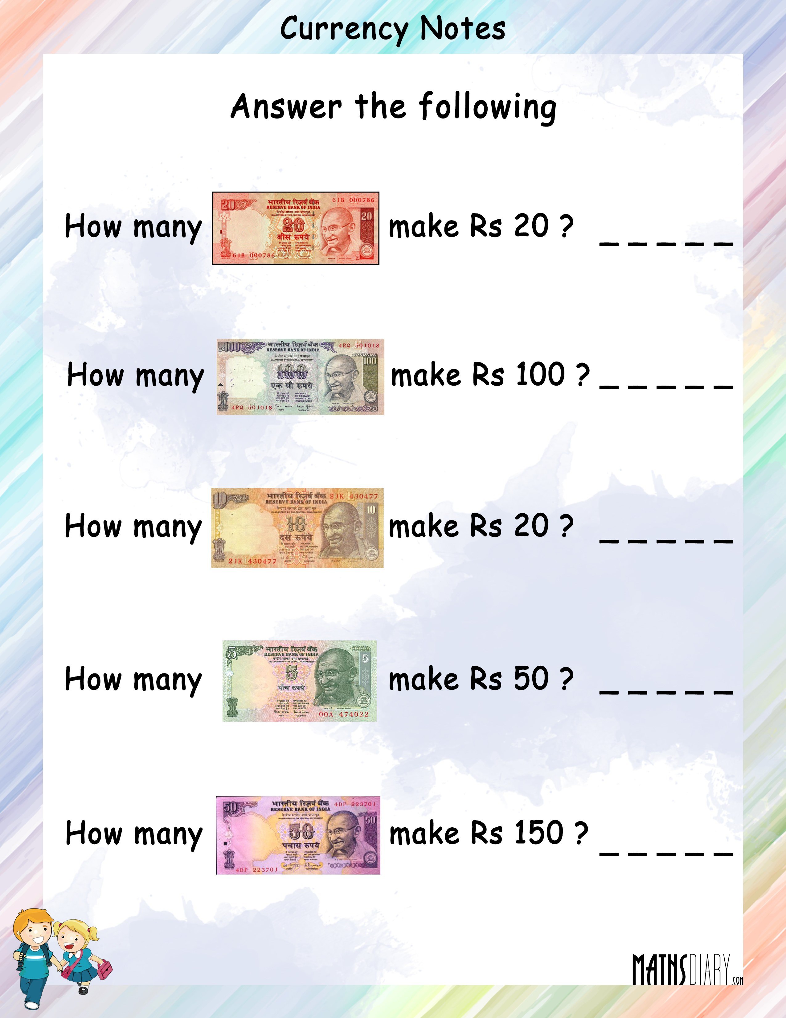 Currency Notes Math Worksheets MathsDiary