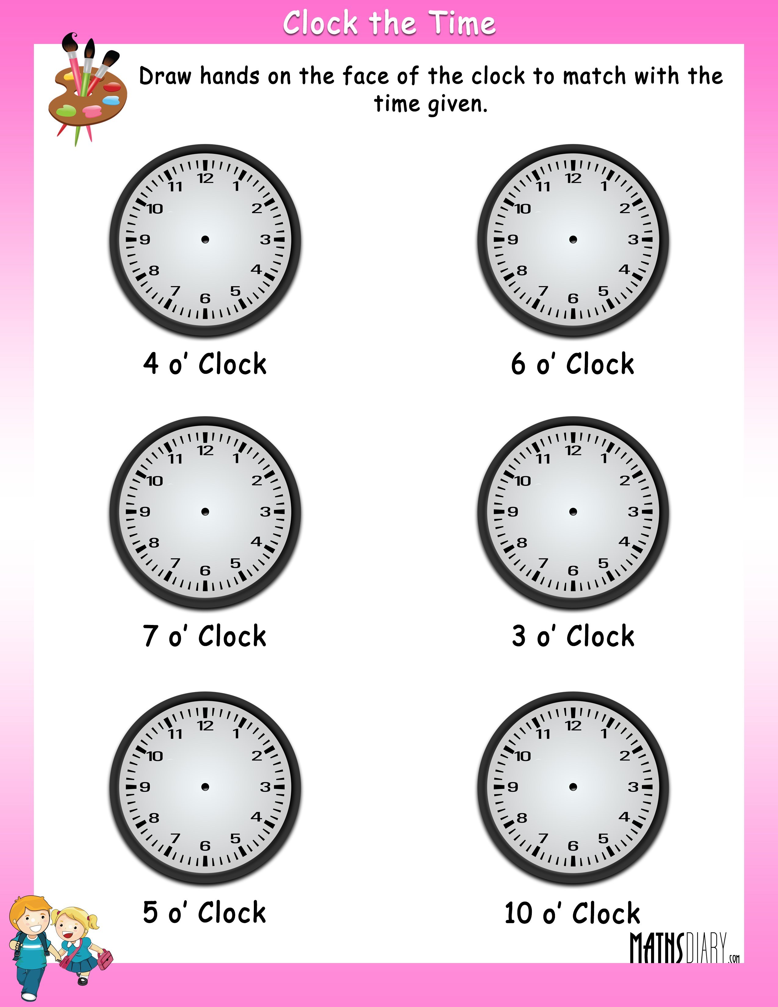 Draw hands of the clock to match with the given time Math Worksheets