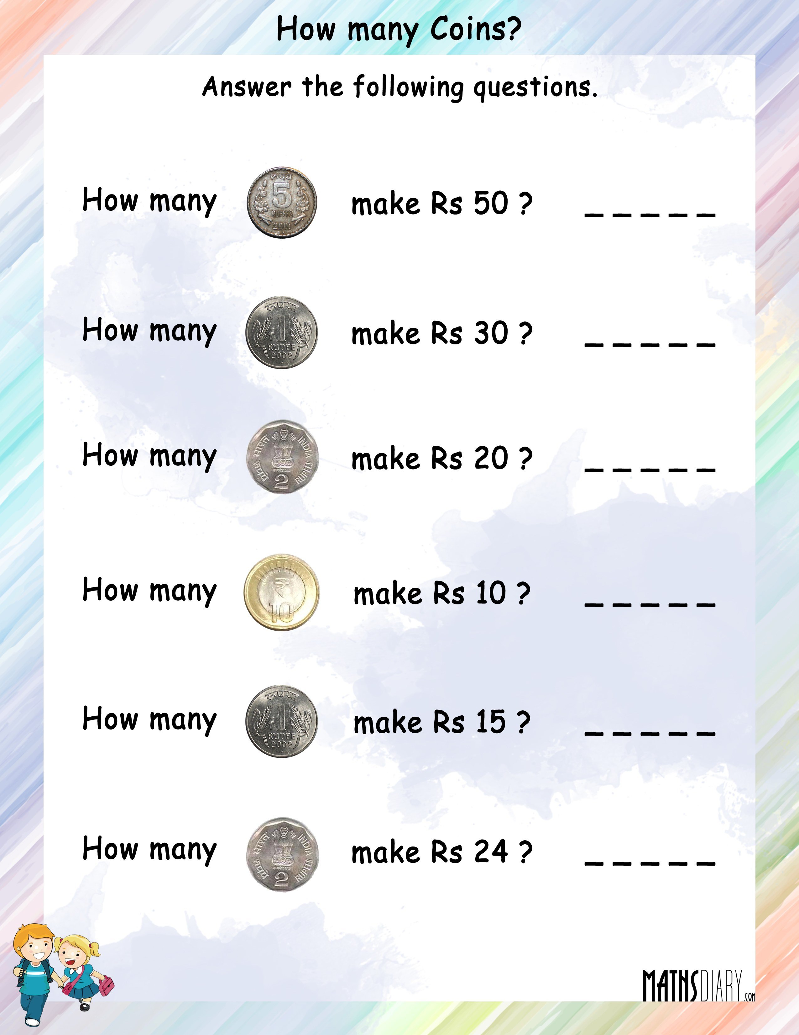 How Many Coins Will Be Needed To Make The Given Rupees Worksheets Math Worksheets