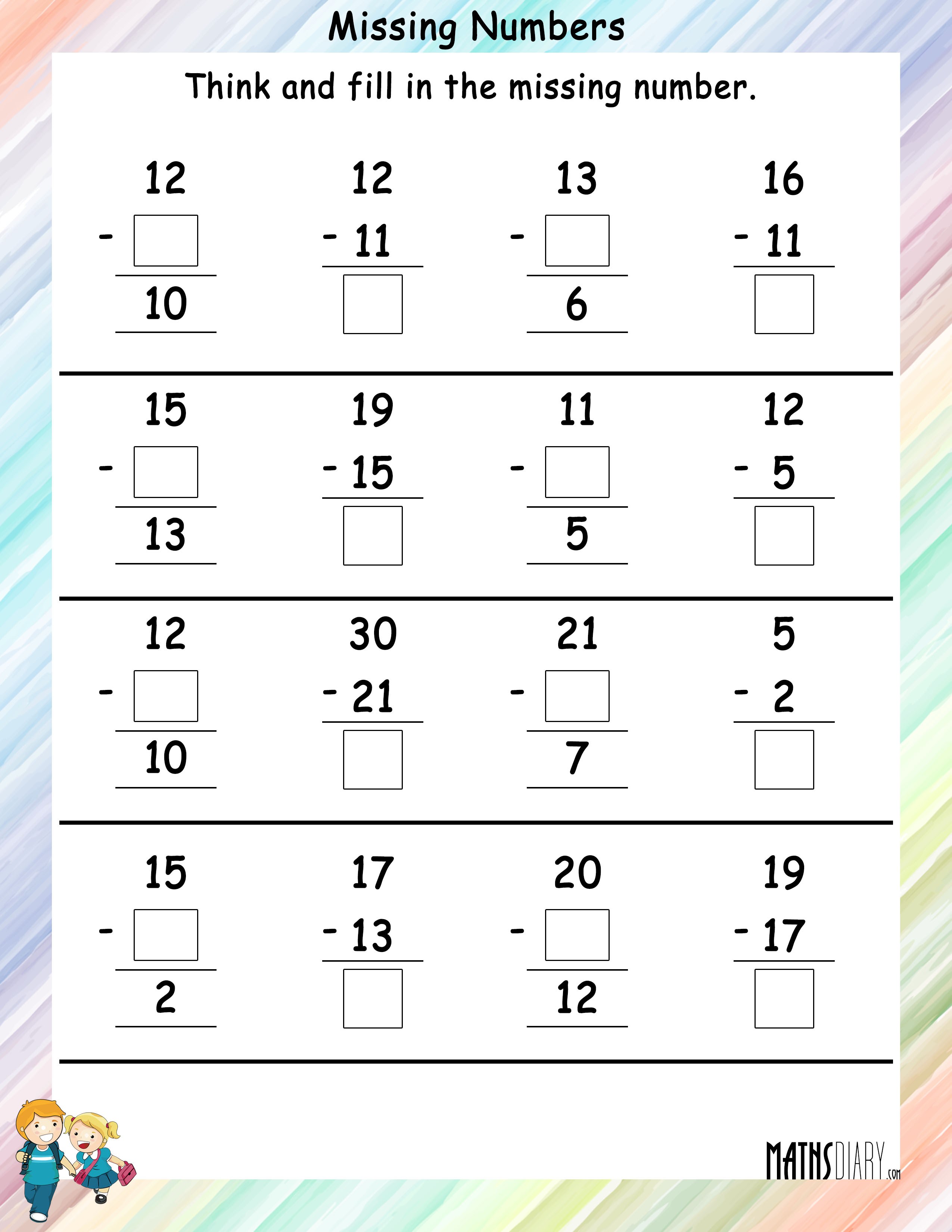 Grade 3 Math Worksheet Subtraction With Missing Values K5 Learning Grade 3 Math Worksheets Add