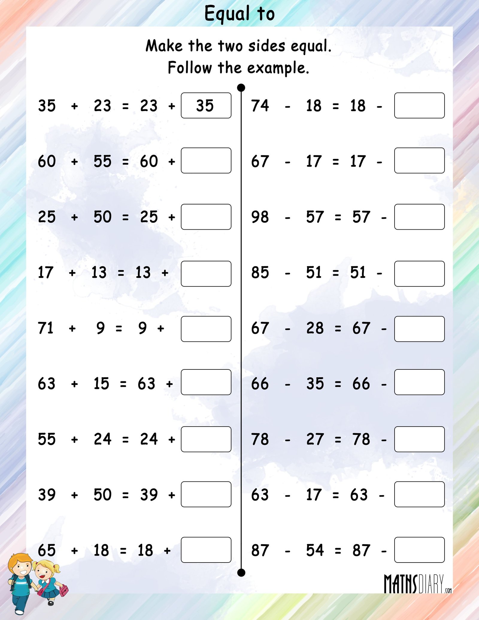 Make The Two Sides Equal Commutative Property Math Worksheets 