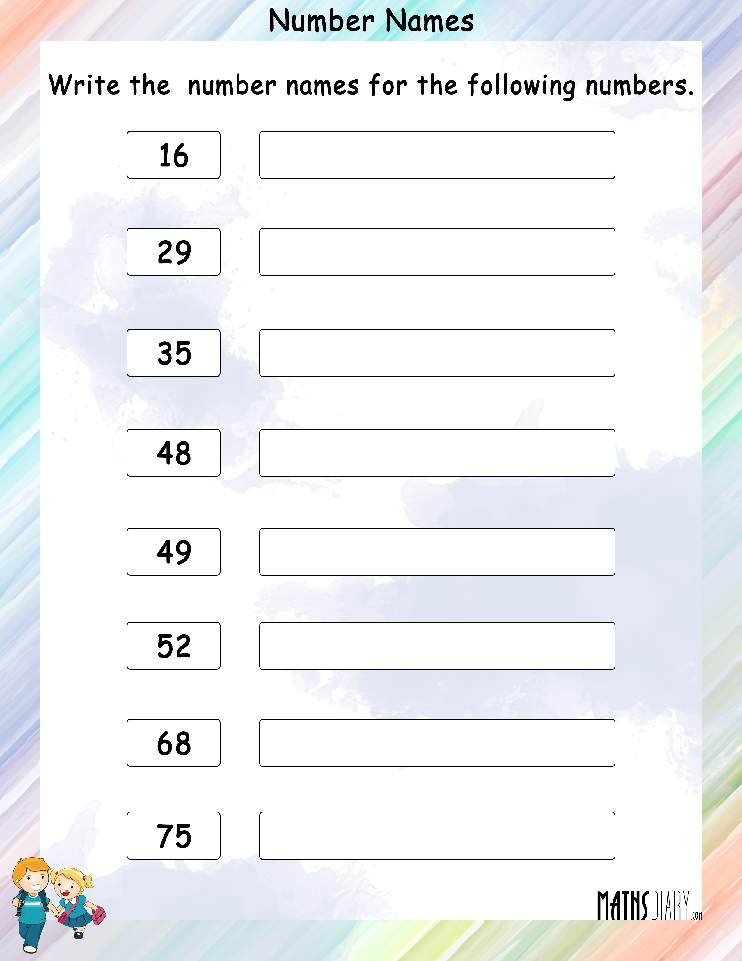 Write number names for given numbers - Math Worksheets