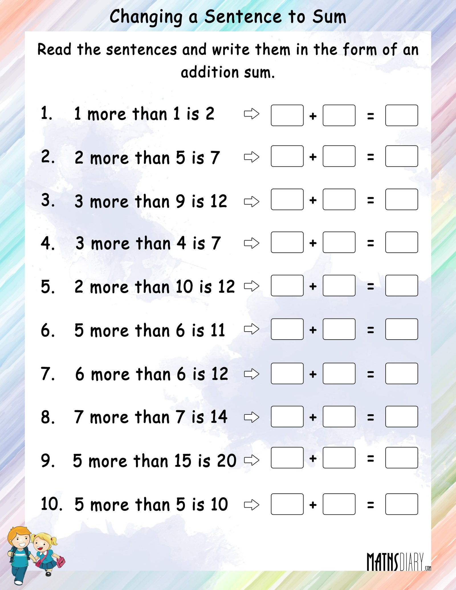 Changing A Statement To Addition Sum Worksheets Math Worksheets 