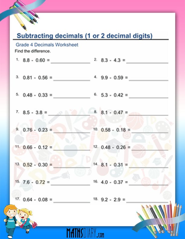 subtraction of decimals worksheet grade 4 math worksheets mathsdiary com