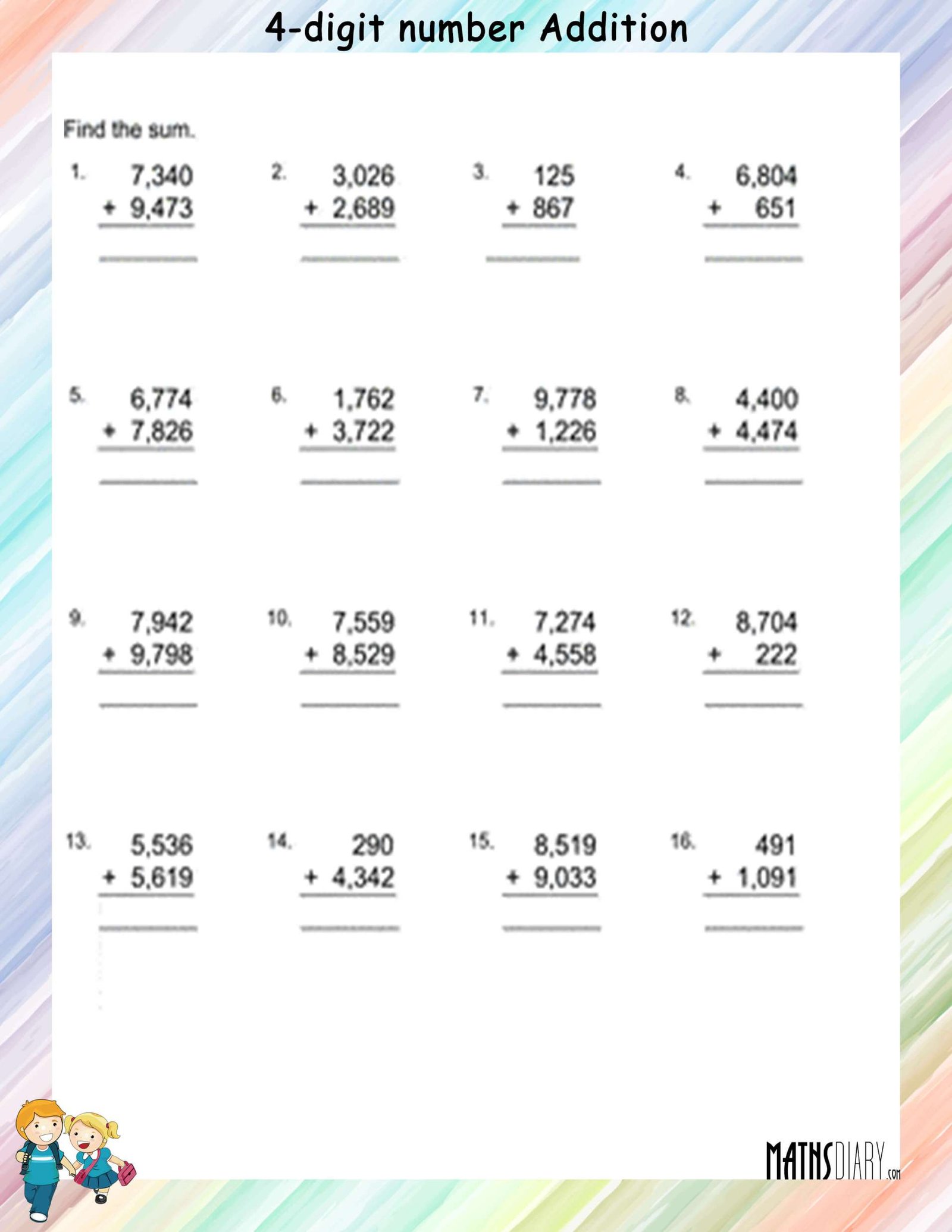 Grade 4 Math Worksheet Addition Adding 4 Digit Numbers In Columns K5 Learning 4 Digit Plus 4 