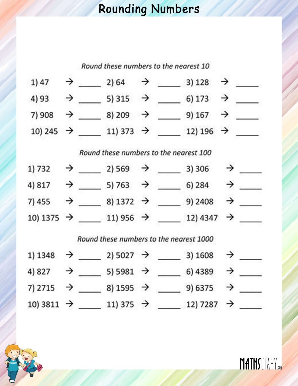 Round to the nearest 10’s, 100’s, 1000’s place - Math Worksheets ...