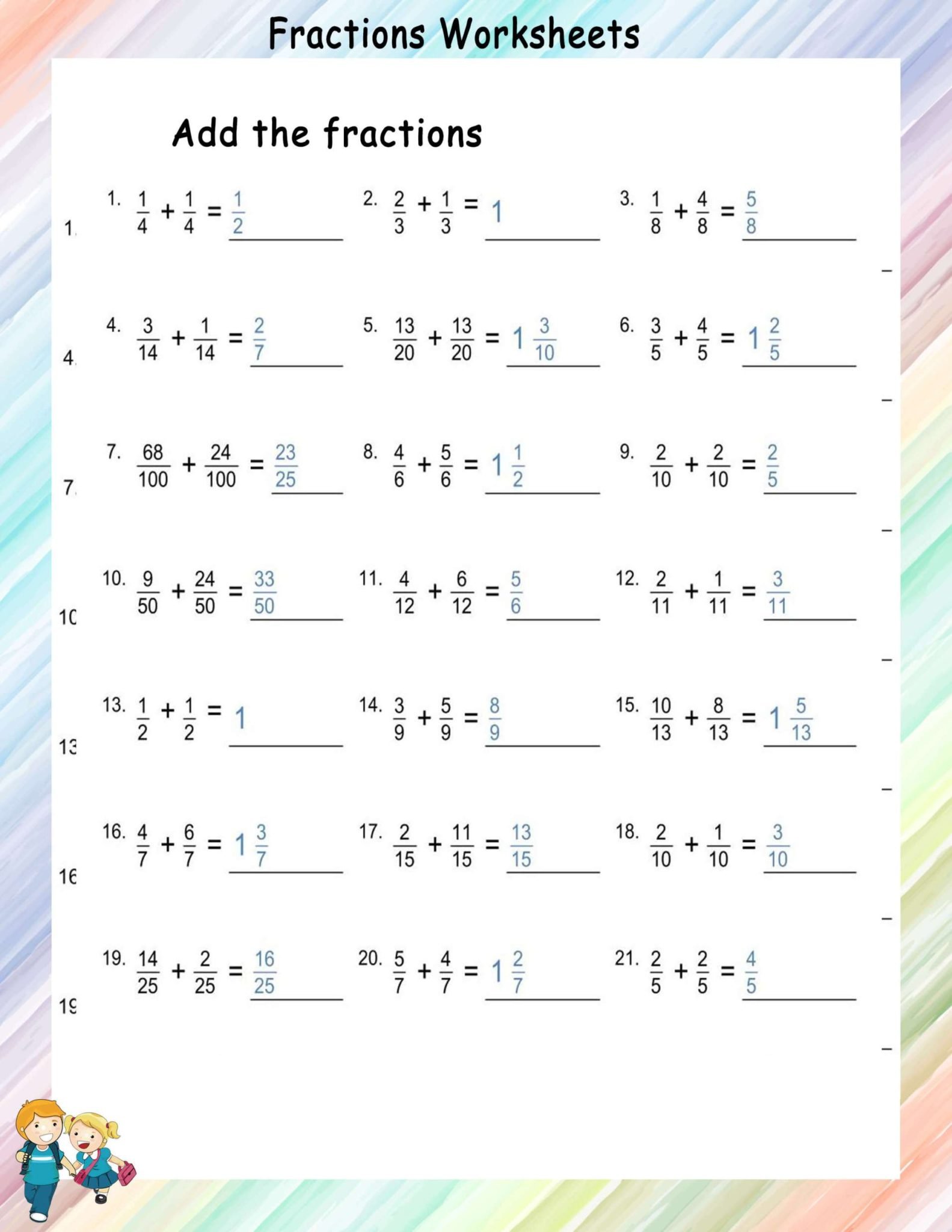 Adding Like Fractions - Math Worksheets - Mathsdiary.com