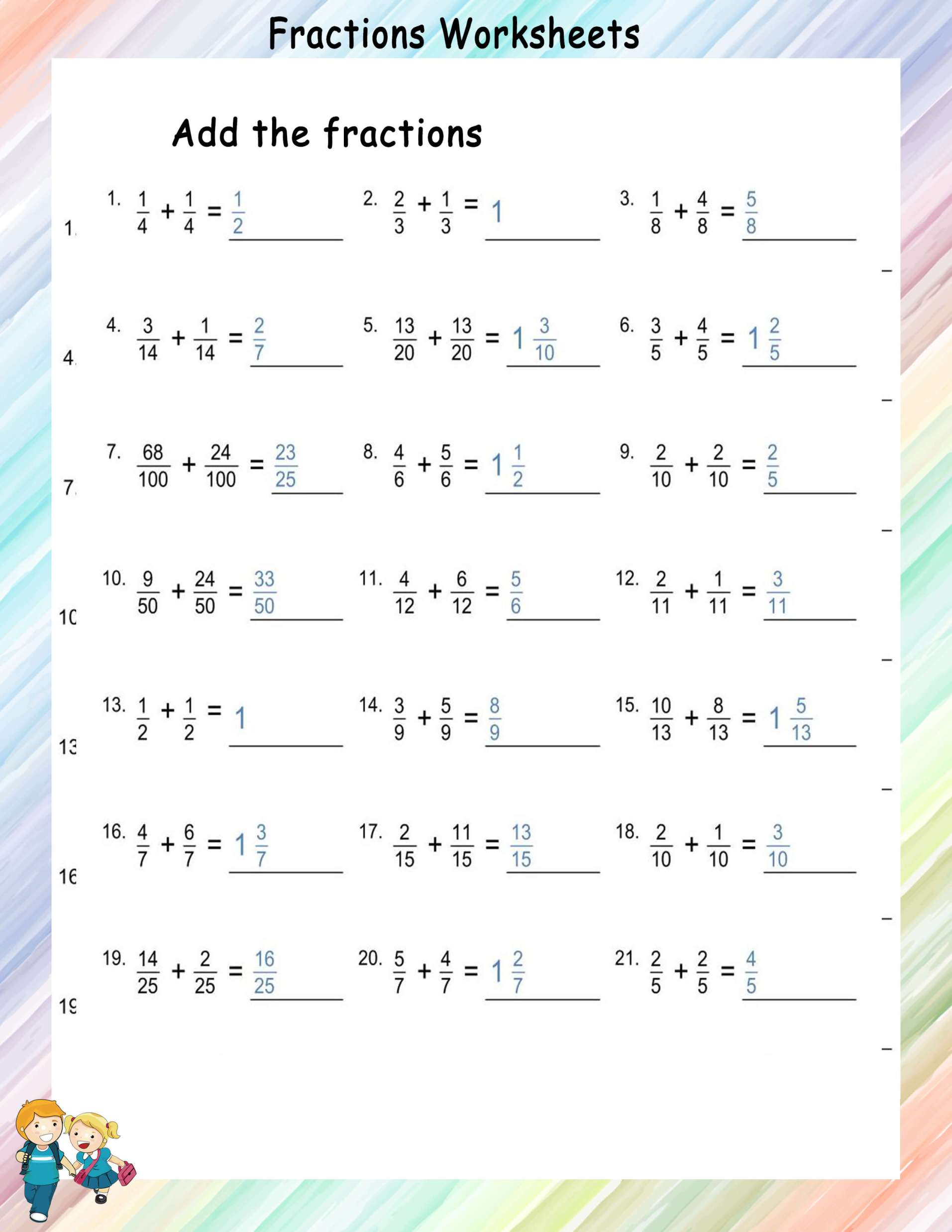Adding Like Fractions - Math Worksheets - MathsDiary.com