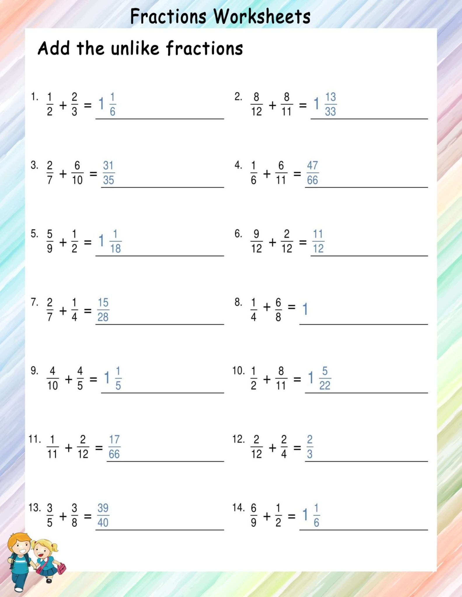 Adding unlike fractions - Math Worksheets - MathsDiary.com