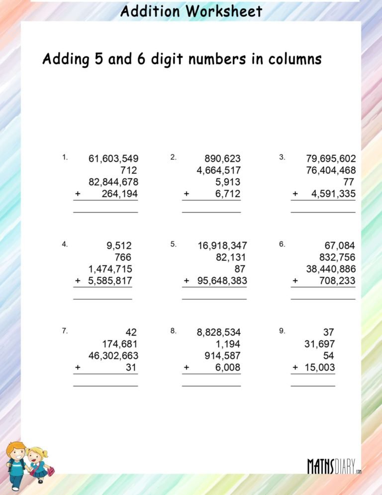 Adding 5 and 6 digit numbers in columns Worksheets - Math Worksheets ...