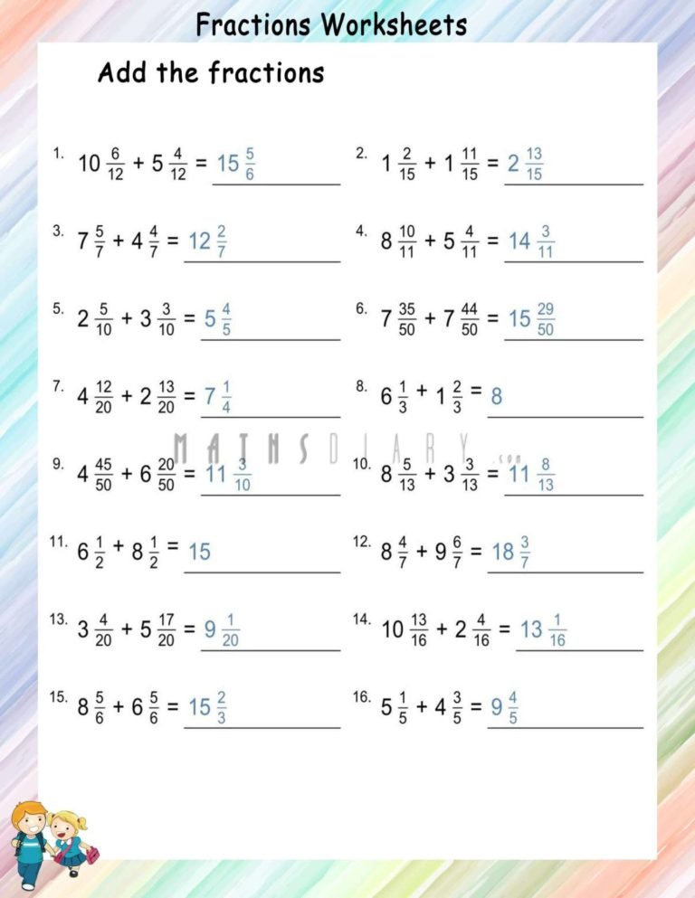 Adding Mixed like fractions - Math Worksheets - MathsDiary.com