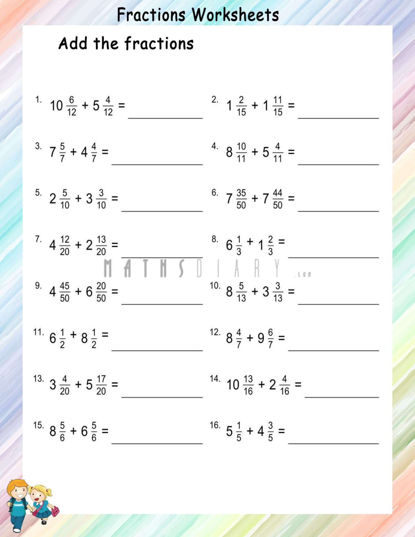 Adding Mixed like fractions - Math Worksheets - MathsDiary.com
