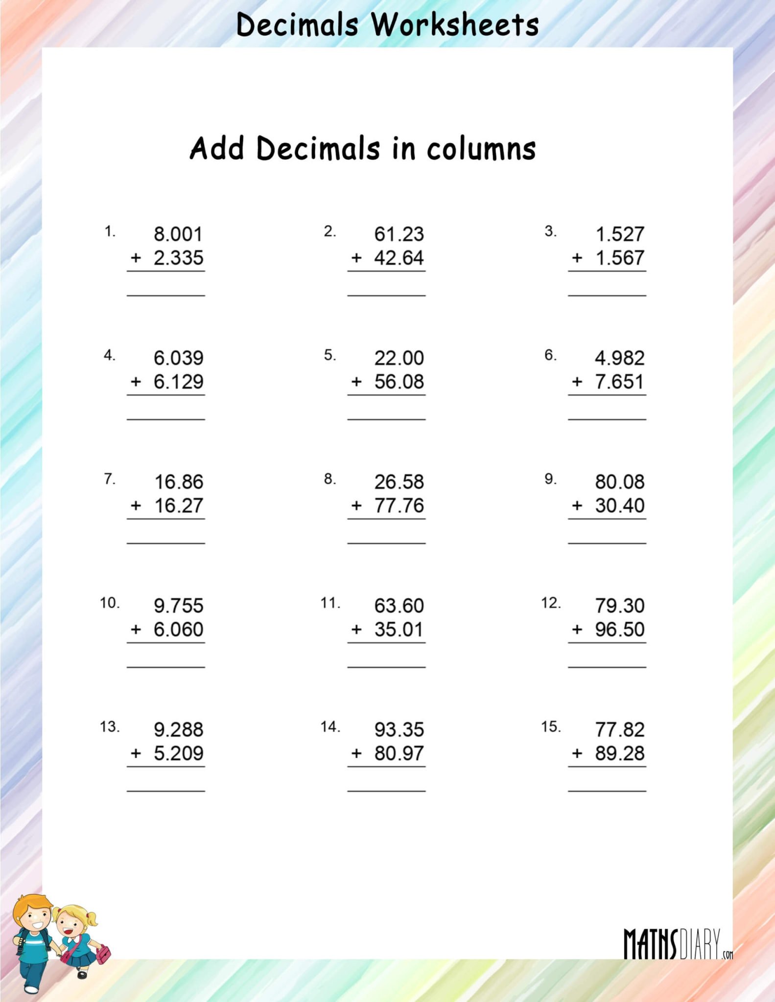 Addition of Decimals in columns - Math Worksheets - MathsDiary.com