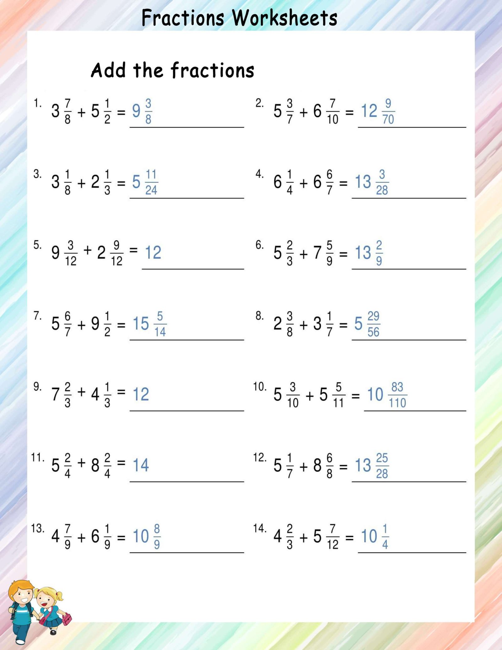 addition of unlike mixed fractions math worksheets mathsdiary com