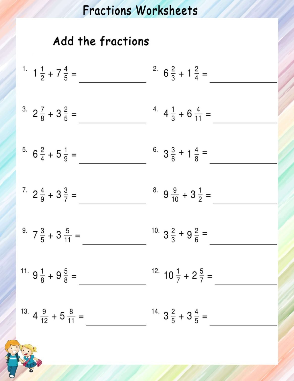 Addition of unlike mixed fractions - Math Worksheets - MathsDiary.com