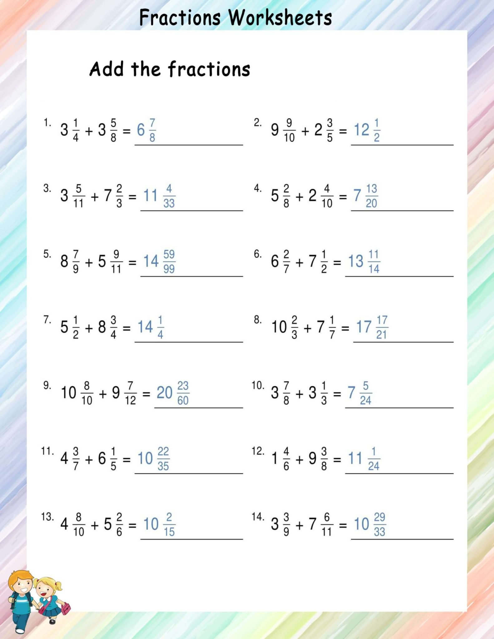 Addition of unlike mixed fractions - Math Worksheets - MathsDiary.com