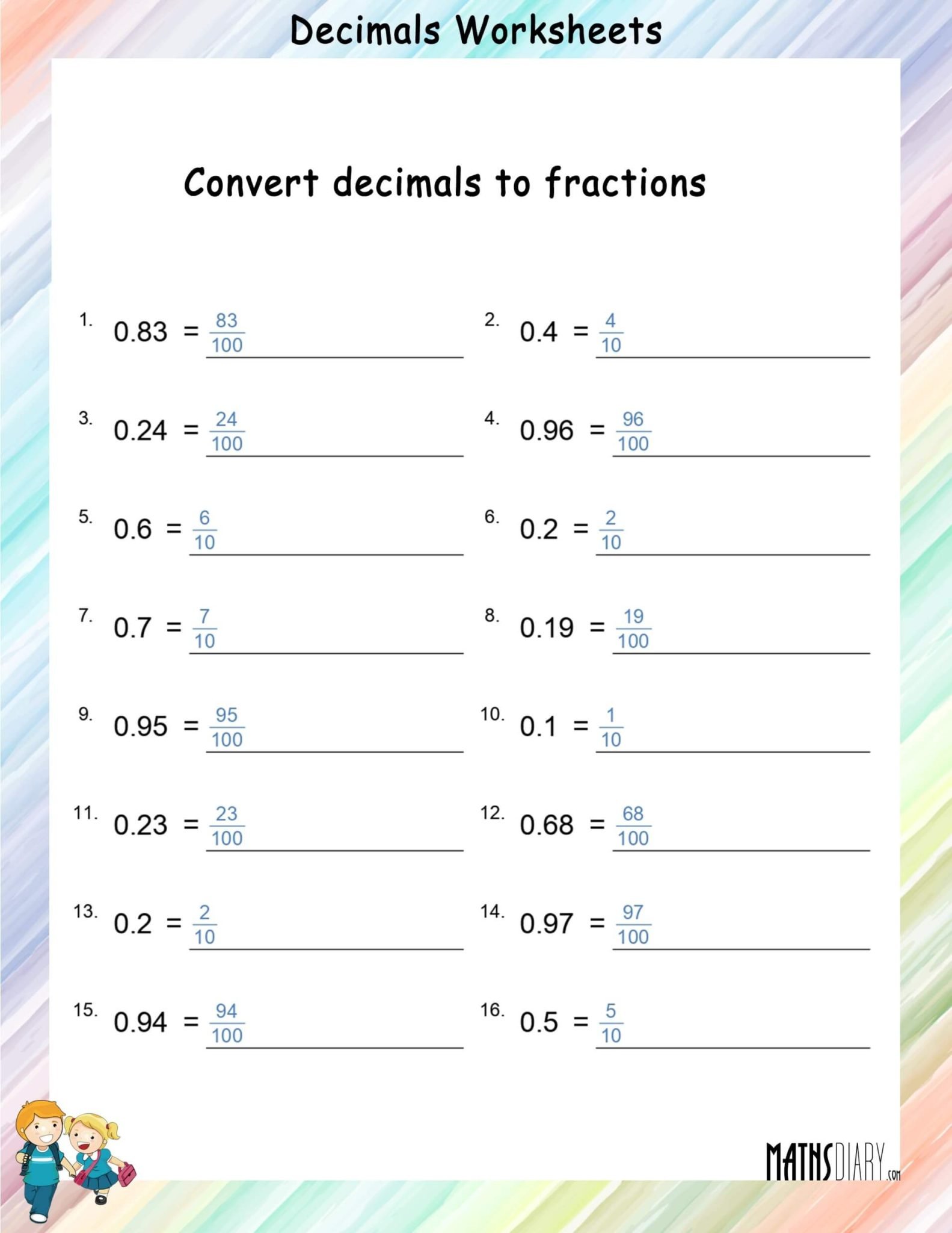 Convert Decimals to fractions worksheets - Math Worksheets - MathsDiary.com