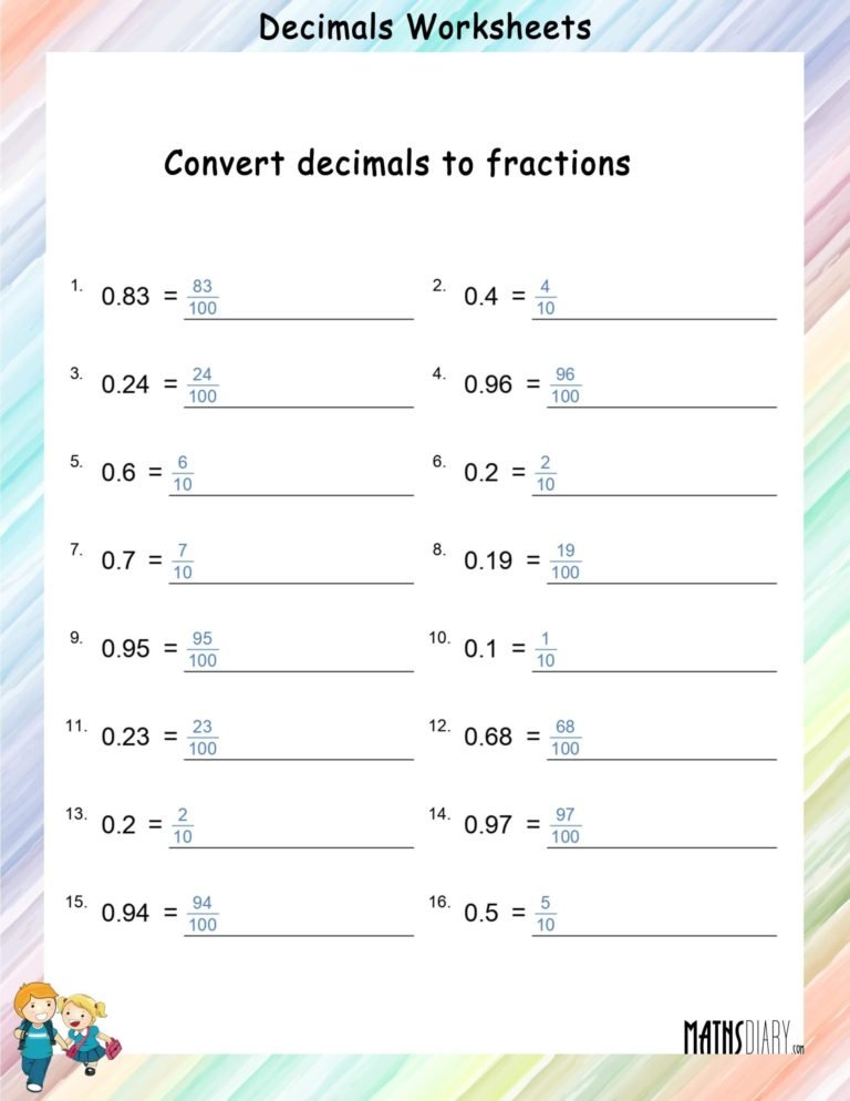 Convert Decimals to fractions worksheets - Math Worksheets - MathsDiary.com