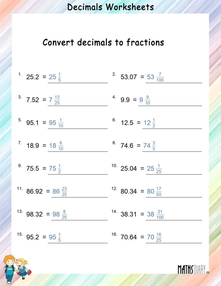 Convert Decimals to fractions worksheets - Math Worksheets - MathsDiary.com