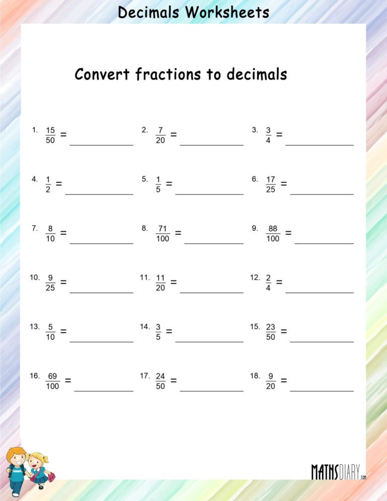 Convert fractions to decimals worksheets - Math Worksheets - MathsDiary.com