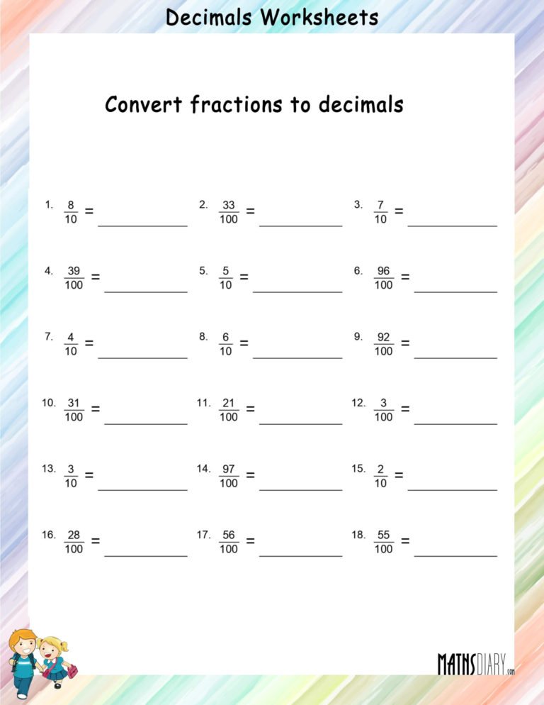 Convert fractions to decimals worksheets - Math Worksheets - MathsDiary.com