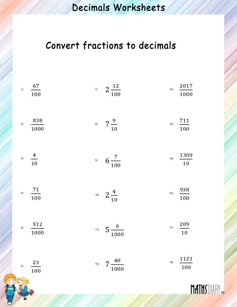 Convert fractions to decimals worksheets - Math Worksheets - MathsDiary.com