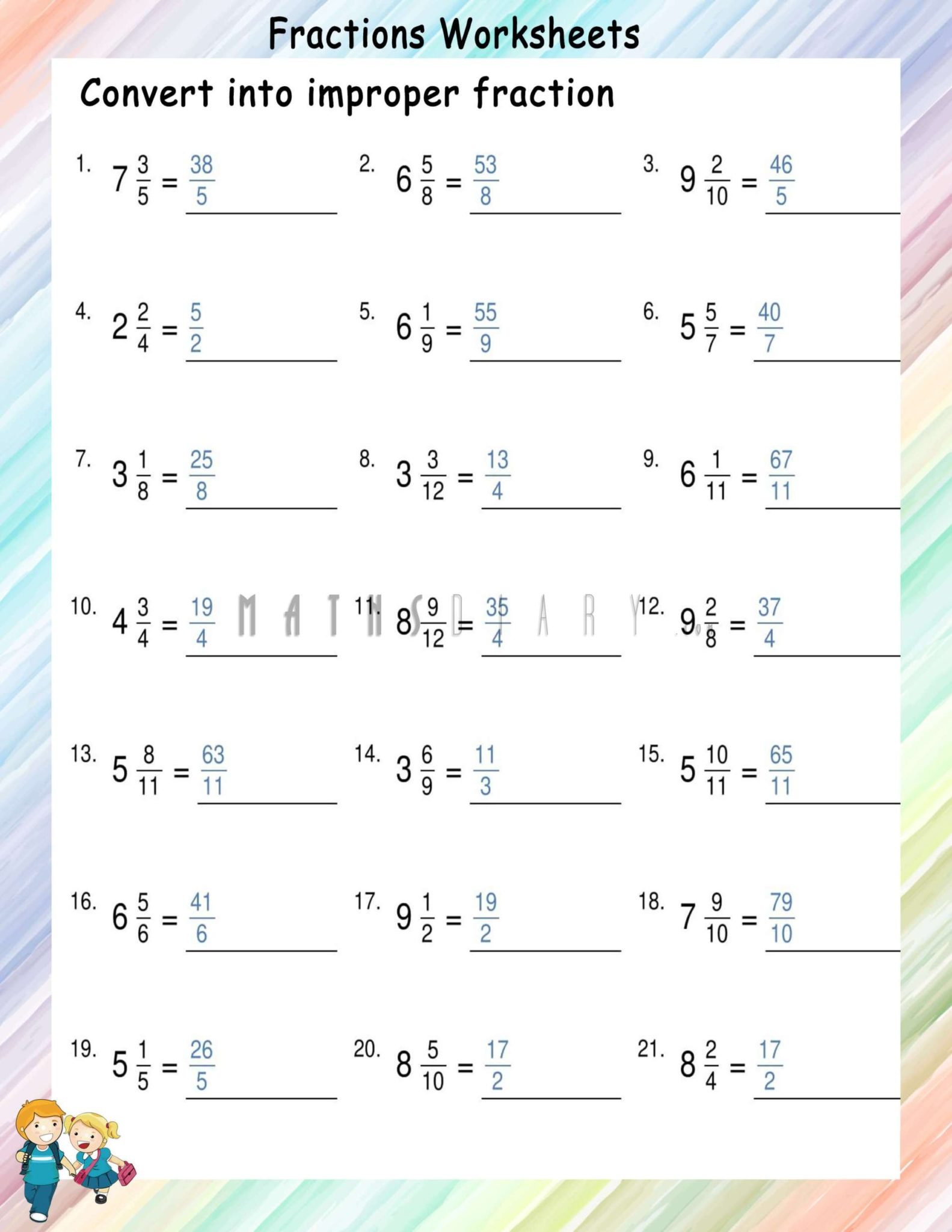 Convert Mixed fractions to Improper fractions worksheets - Math ...