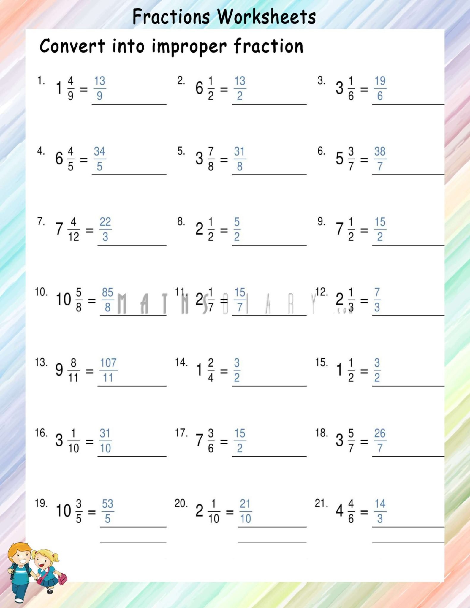 Convert Mixed fractions to Improper fractions worksheets - Math ...