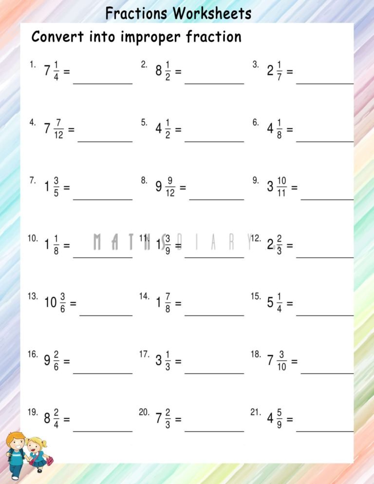 Convert Mixed fractions to Improper fractions worksheets - Math ...