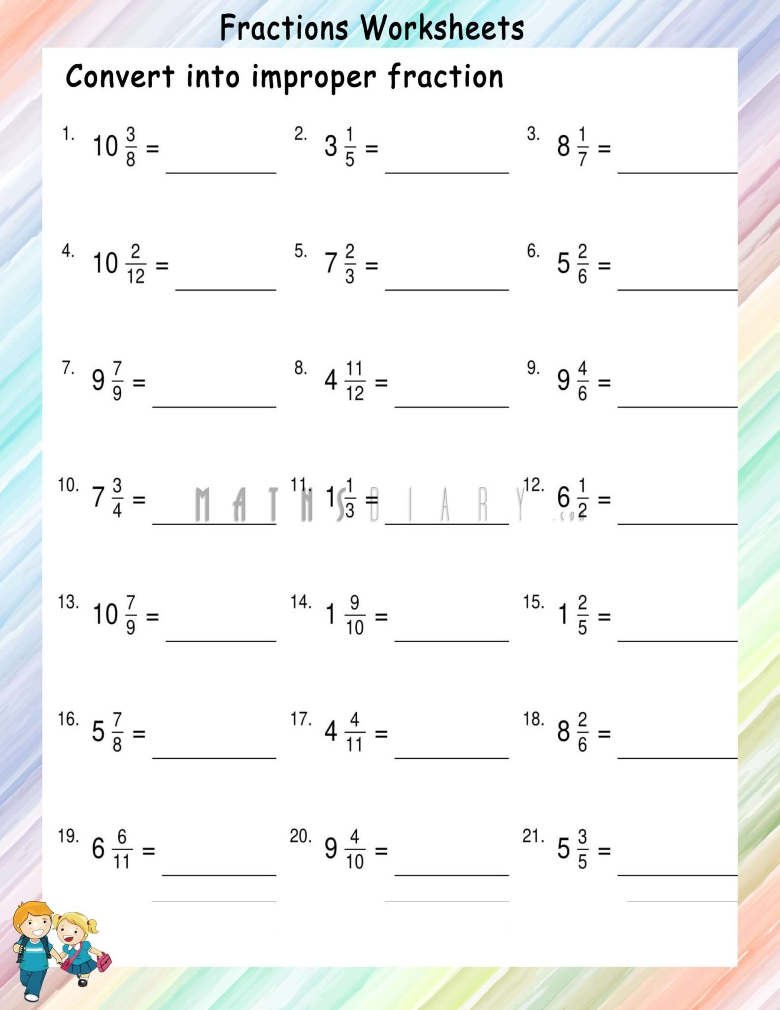 Convert Mixed fractions to Improper fractions worksheets - Math ...