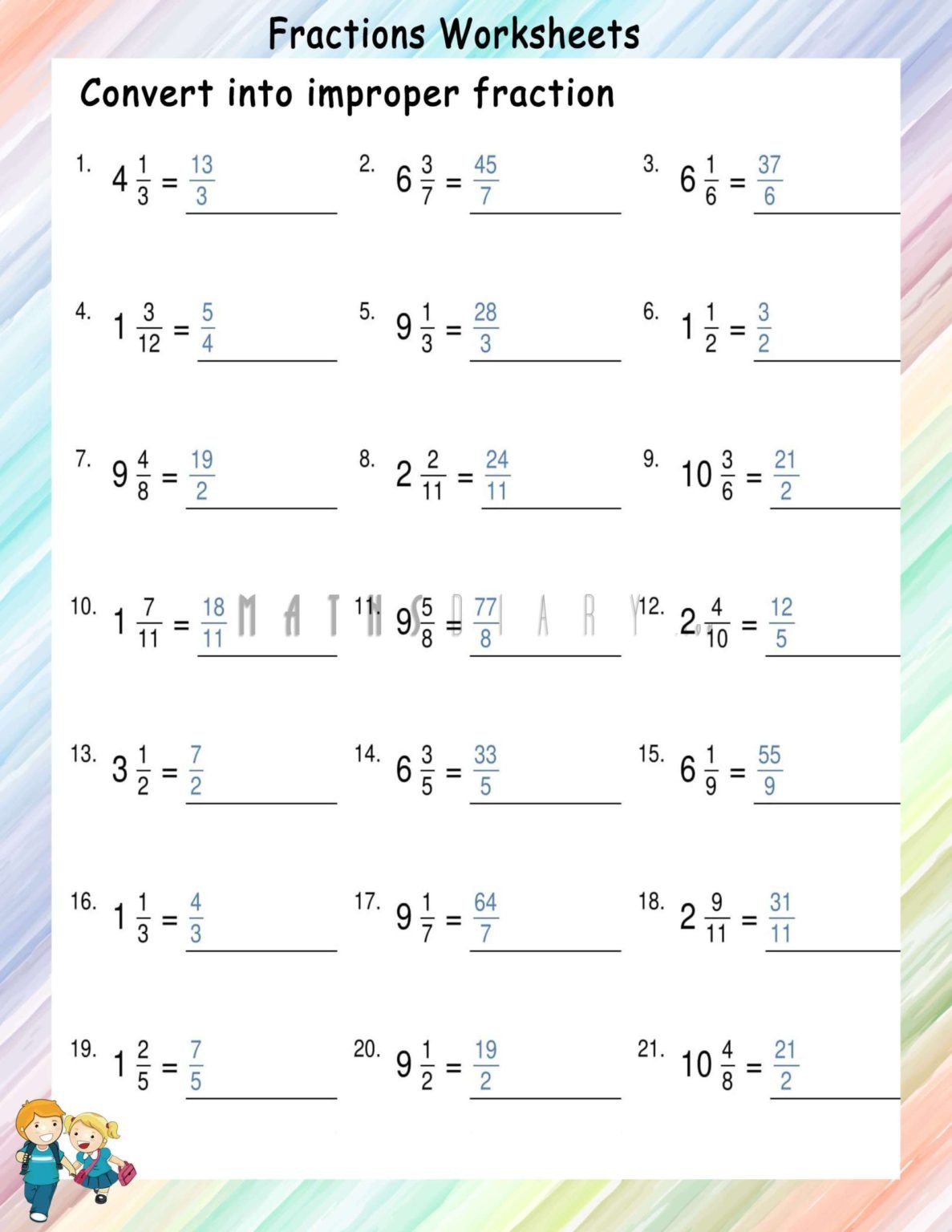 Convert Mixed fractions to Improper fractions worksheets - Math ...