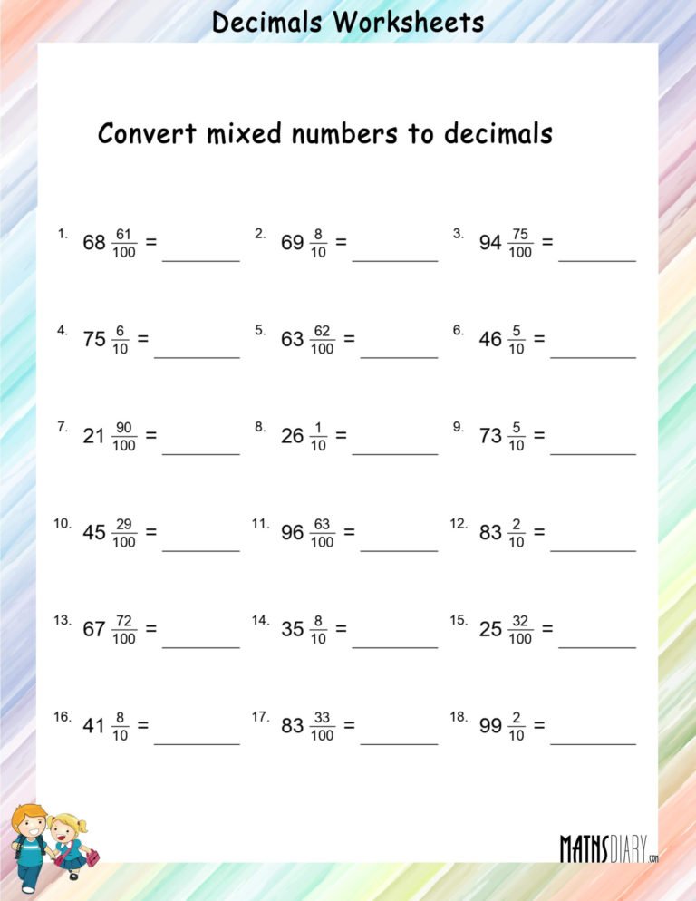 Convert mixed fractions to decimals worksheets - Math Worksheets ...