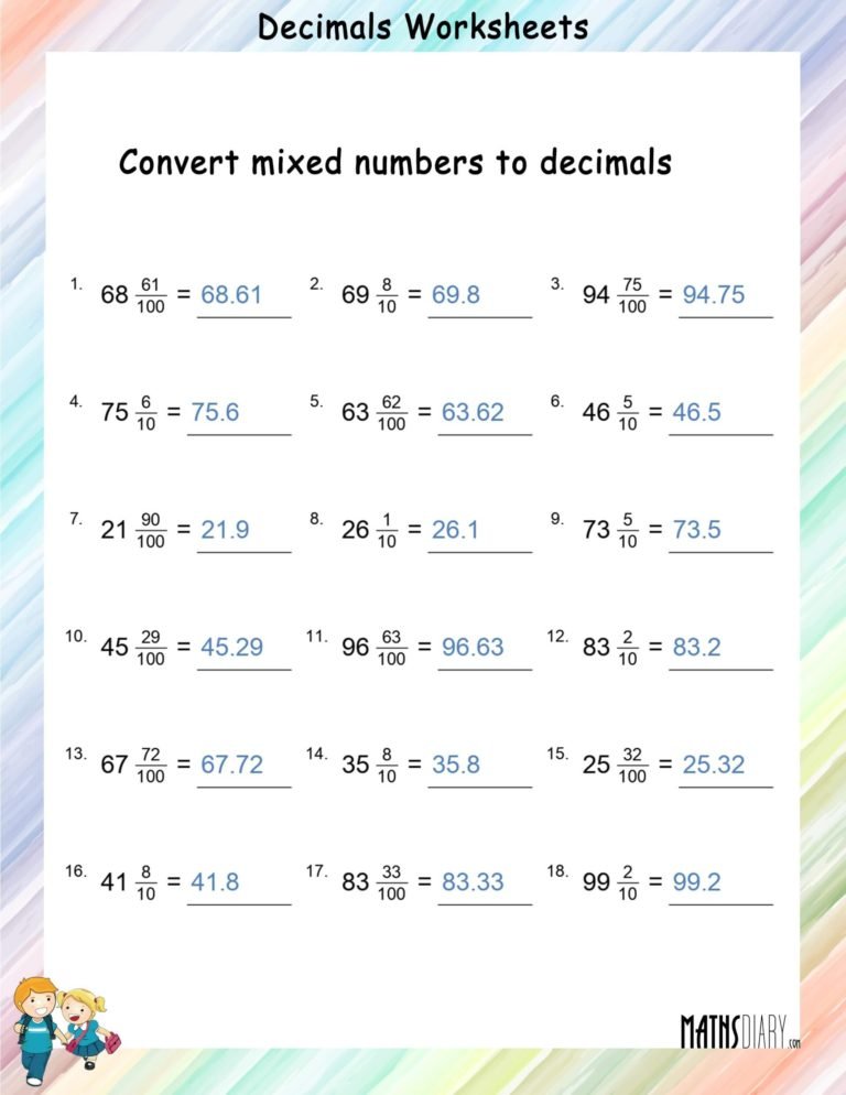 Convert mixed fractions to decimals worksheets - Math Worksheets ...