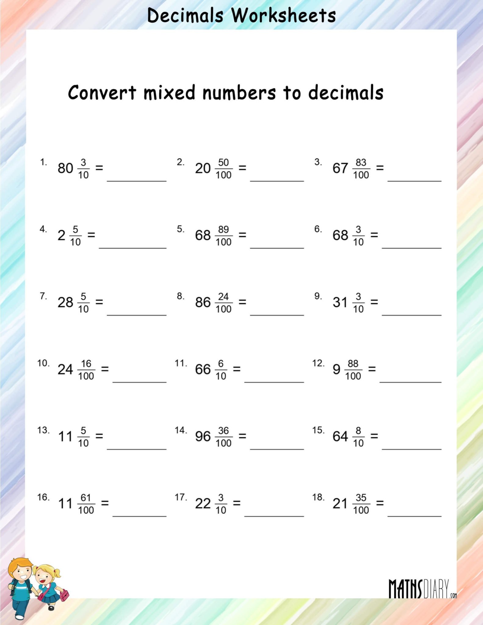 Convert mixed fractions to decimals worksheets - Math Worksheets ...