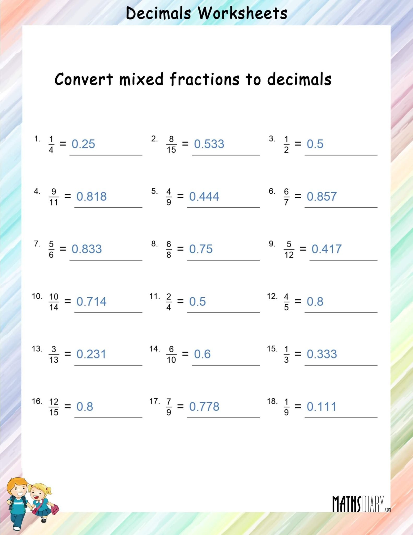 Convert mixed fractions to decimals worksheets - Math Worksheets ...