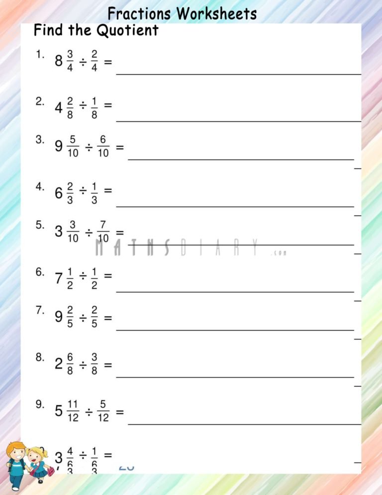 Division of mixed fractions by simple fractions- Worksheets - Math ...