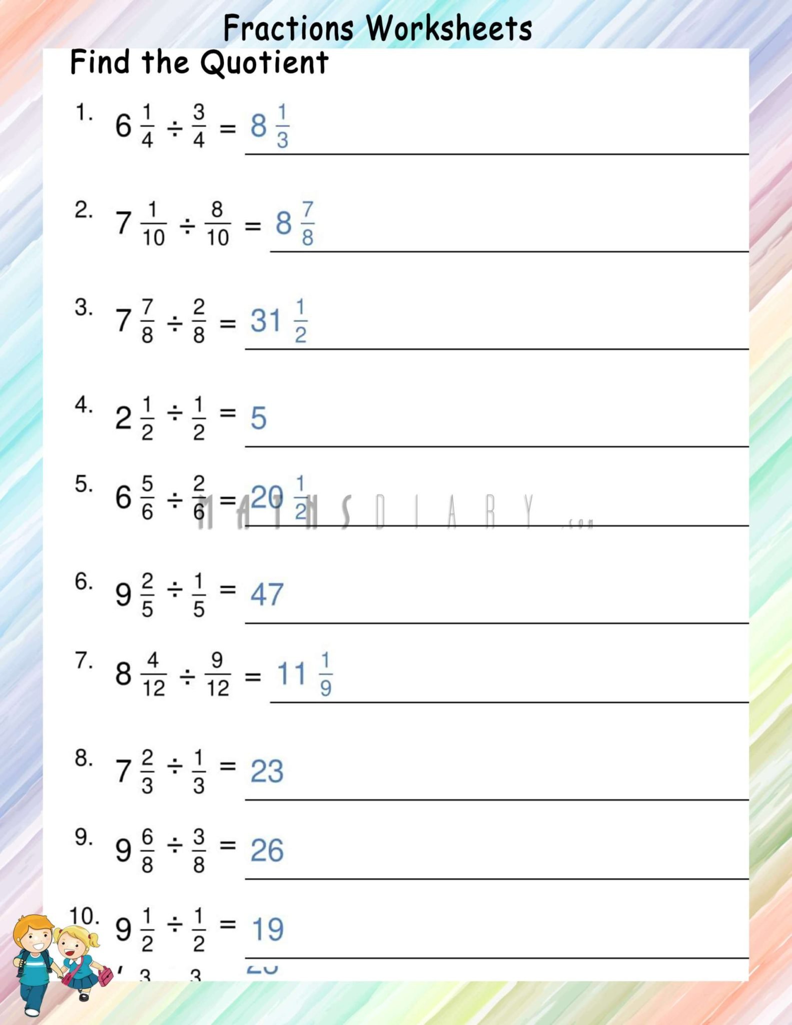 Division of mixed fractions by simple fractions- Worksheets - Math ...