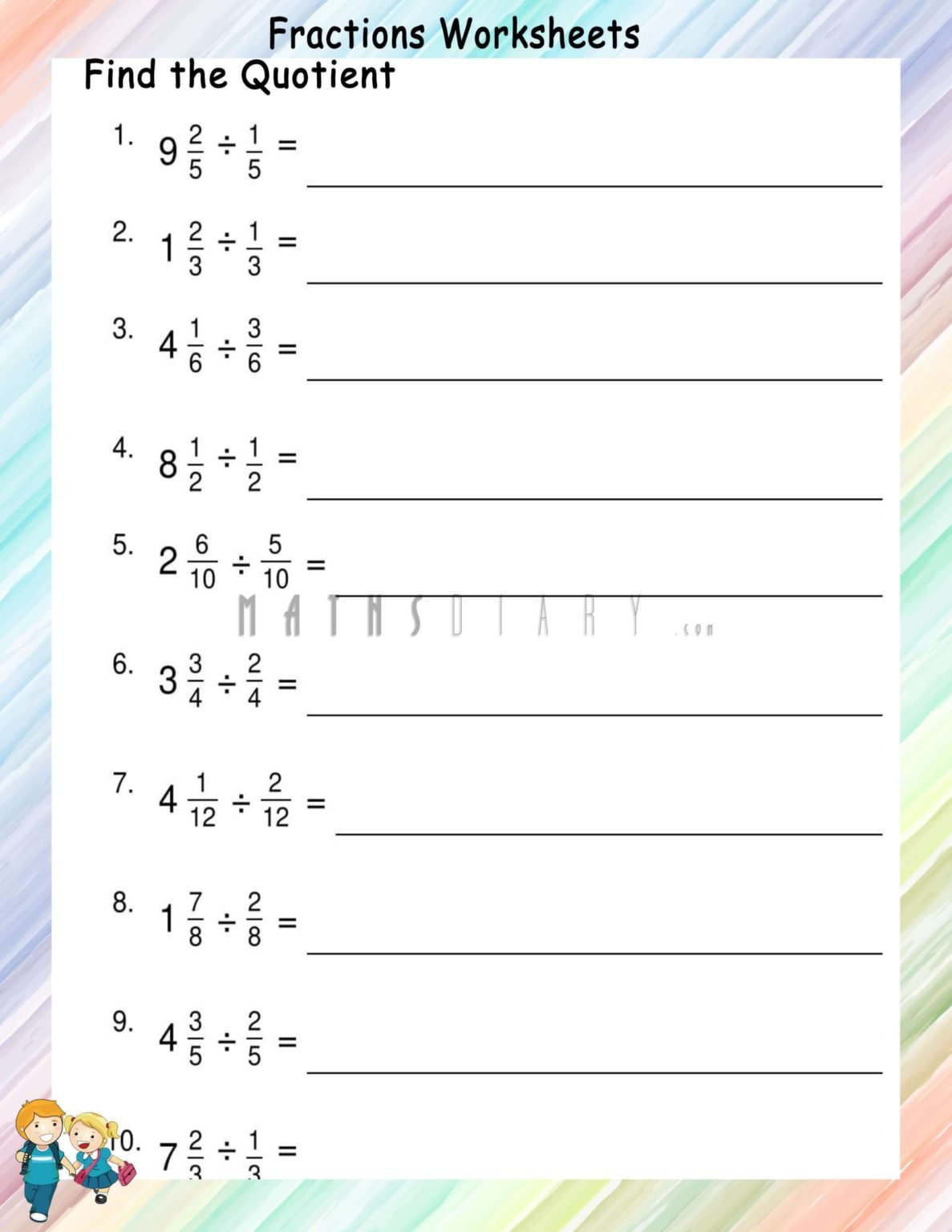 Division of mixed fractions by simple fractions- Worksheets - Math ...