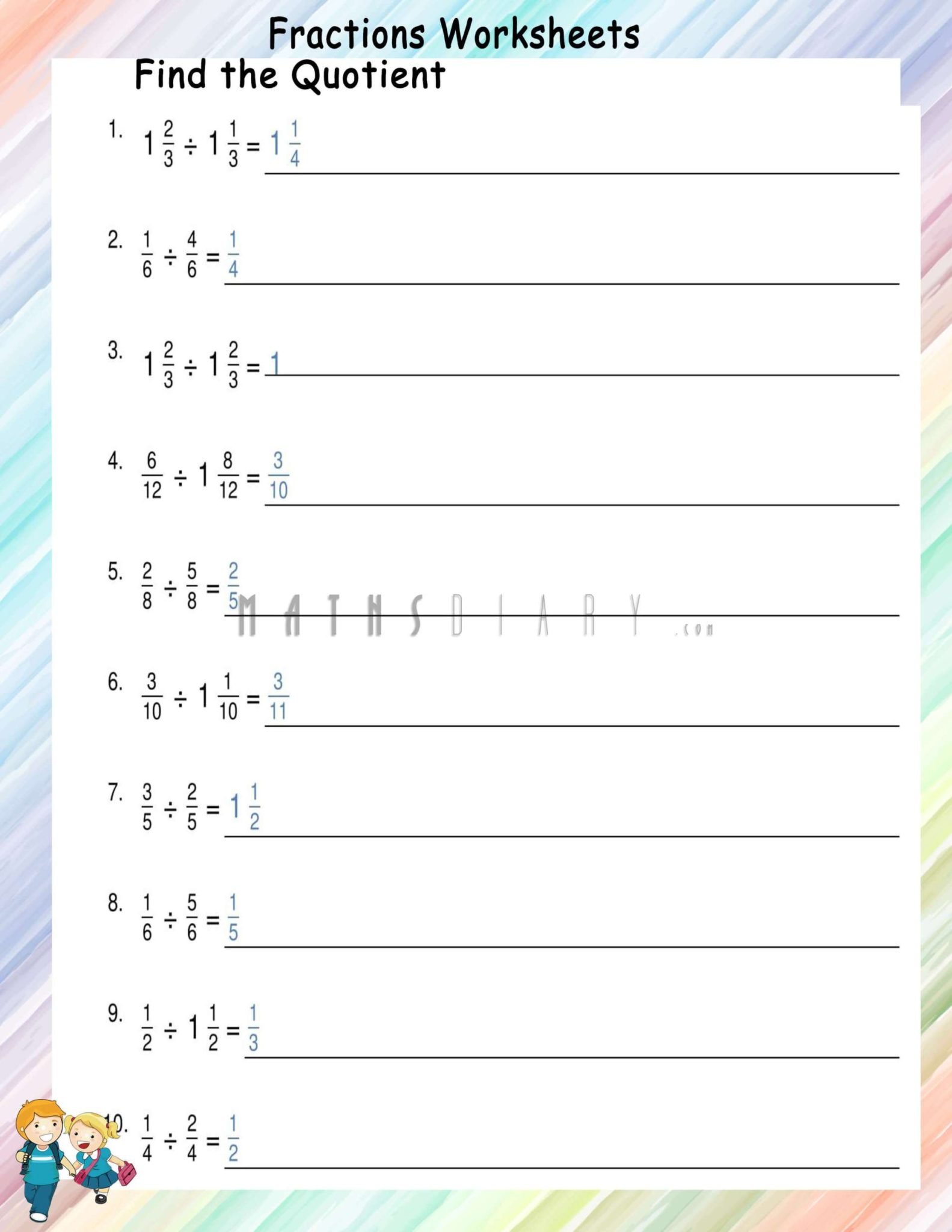 Division of fractions worksheets - Math Worksheets - MathsDiary.com