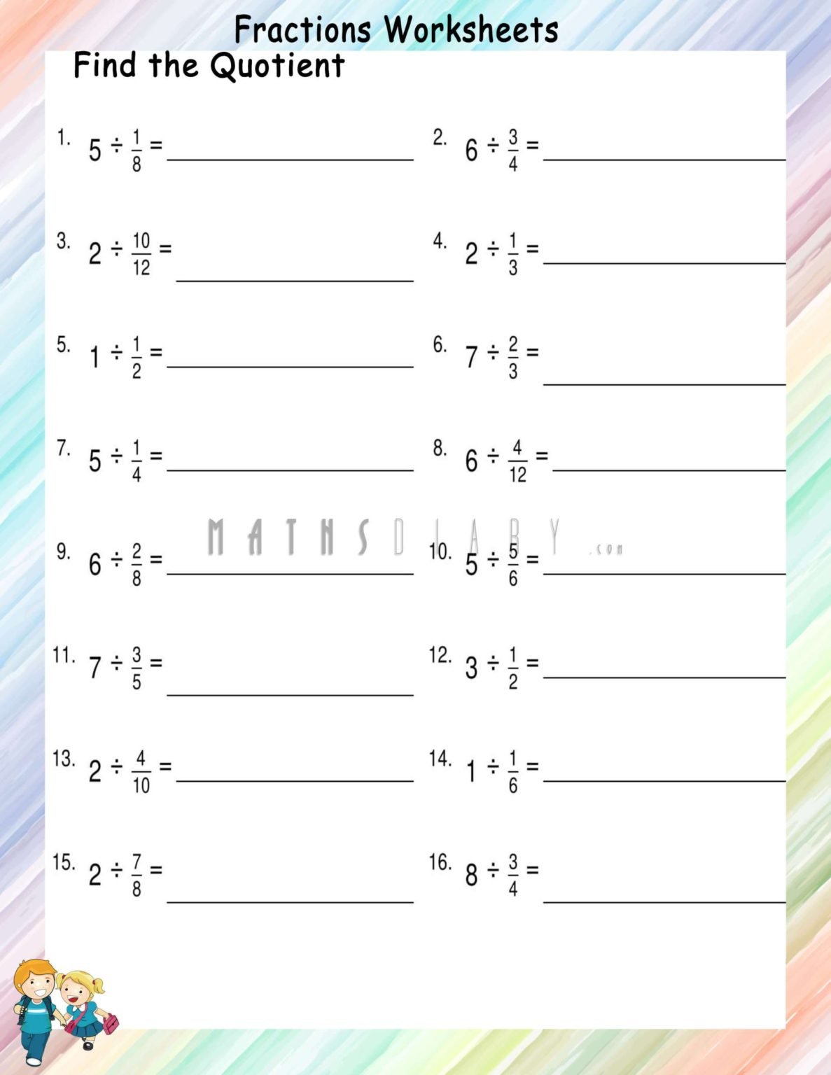 Division of whole number by proper fraction worksheets - Math ...