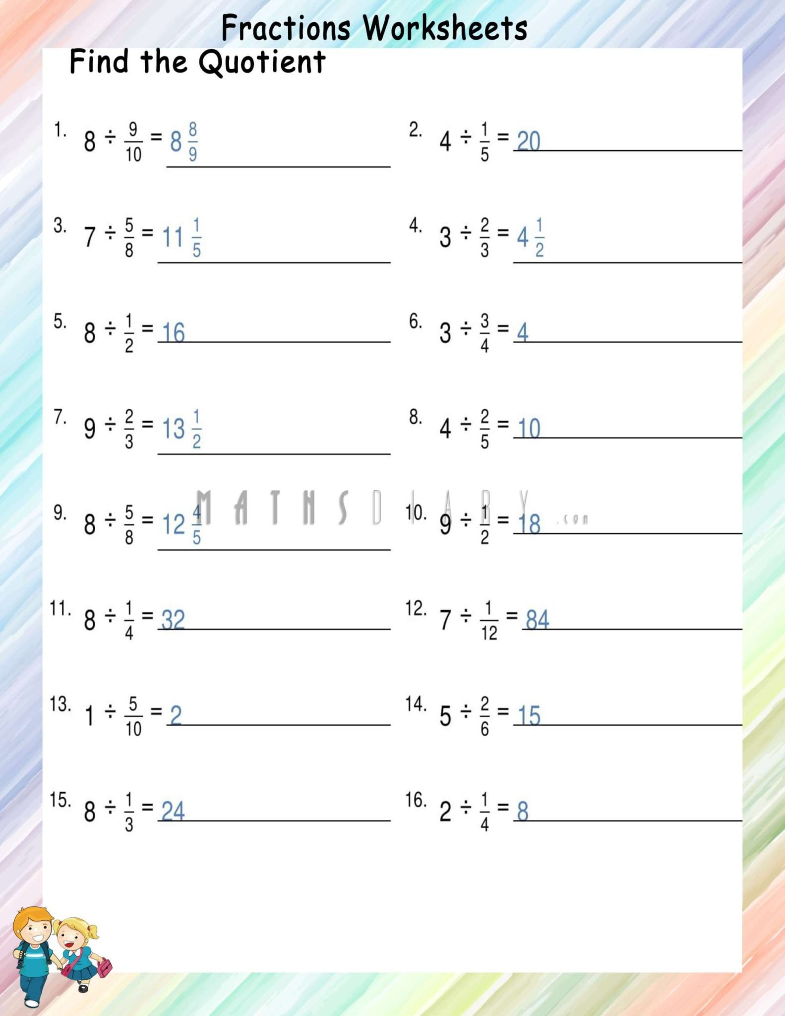 Division of whole number by proper fraction worksheets - Math ...