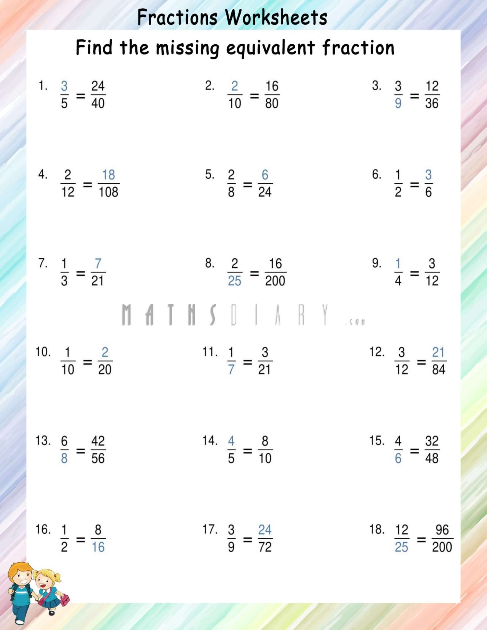 Finding missing equivalent fraction - Math Worksheets - MathsDiary.com