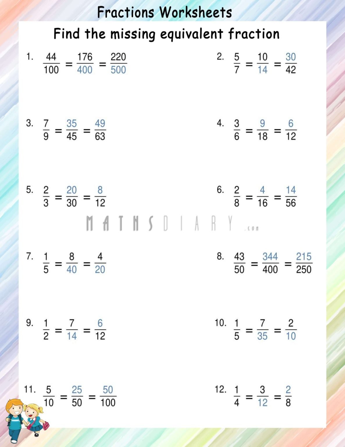 Finding Multiple Missing Equivalent fractions - Math Worksheets ...