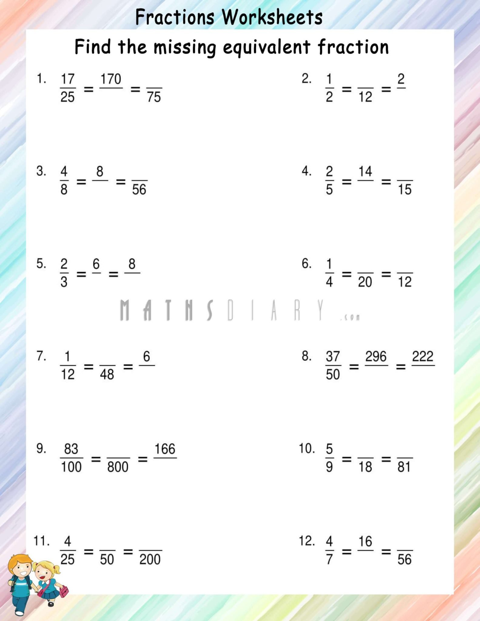 Finding Multiple Missing Equivalent fractions - Math Worksheets ...