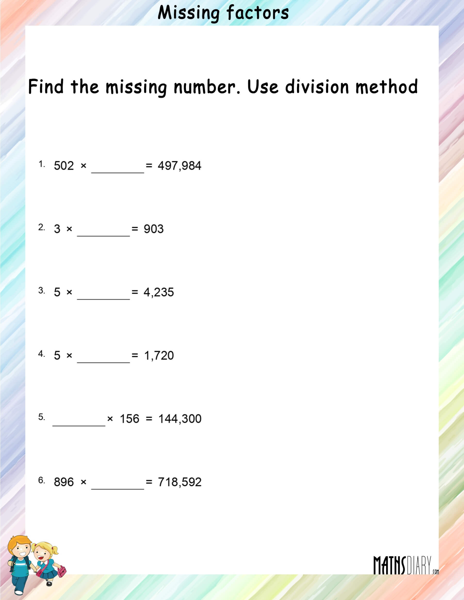 Grade 4 Worksheet Multiplication Facts With Missing Factors 2 12 K5 Learning Missing Numbers