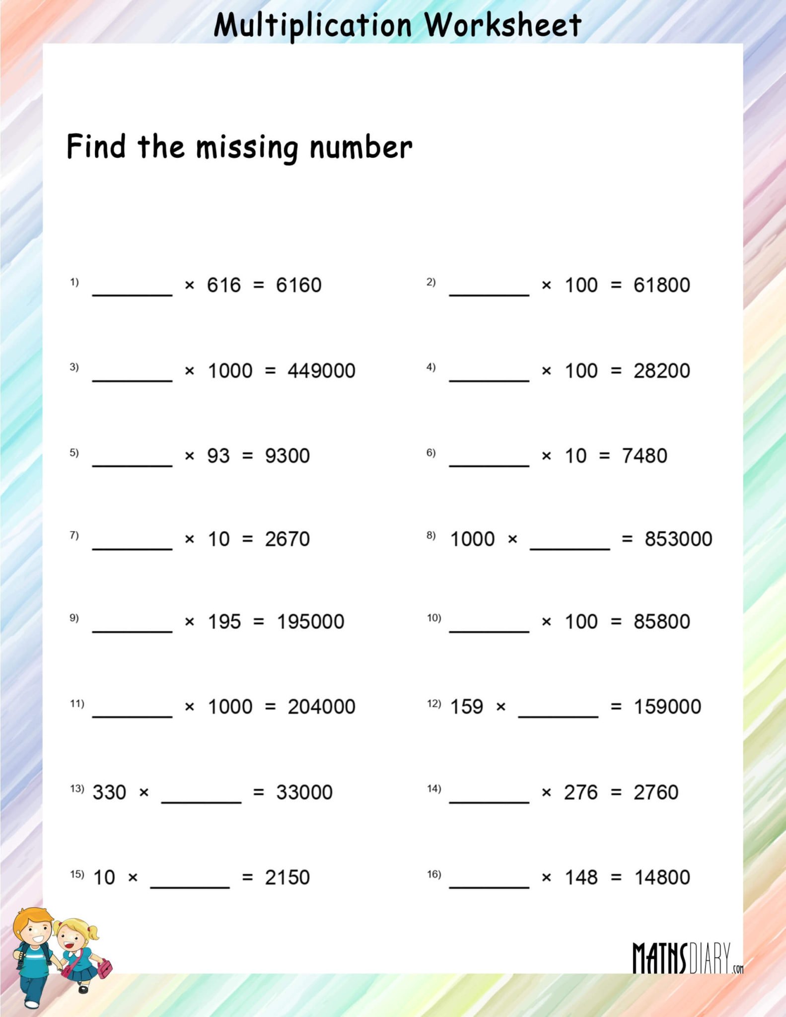 Find the missing number – multiplication worksheets - Math Worksheets ...