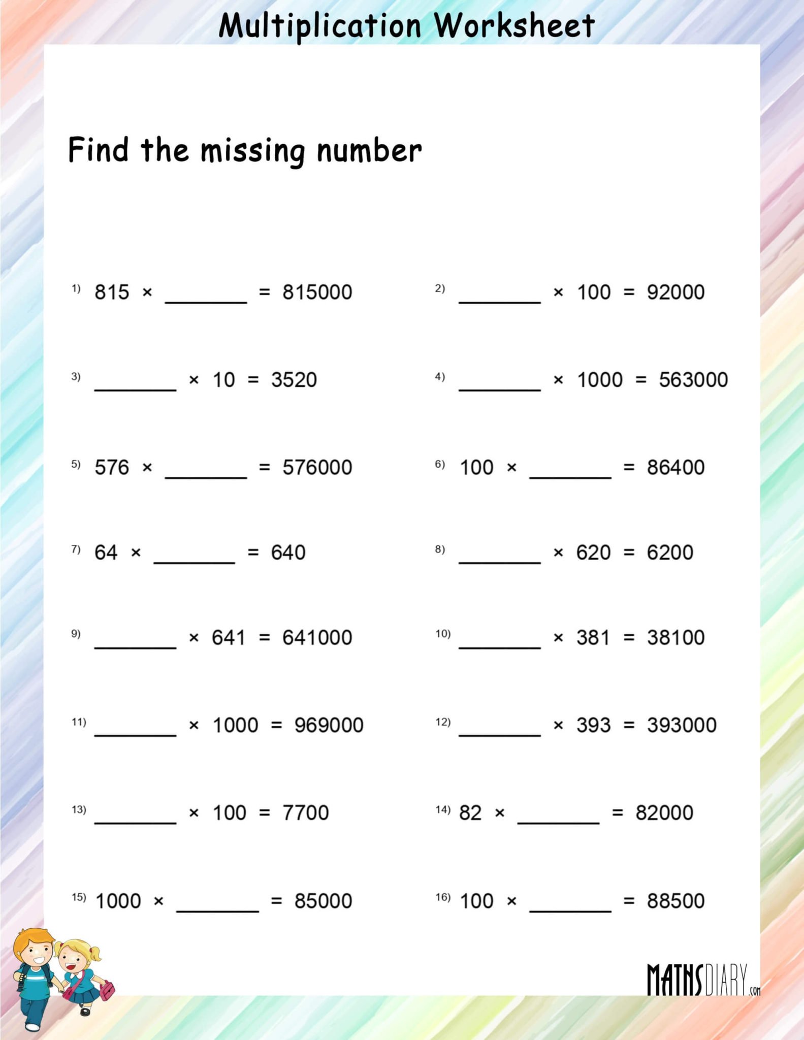 Find the missing number – multiplication worksheets - Math Worksheets ...